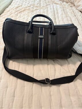 Ted Baker Black Leather Weekender Duffel Bag with Navy Stripe